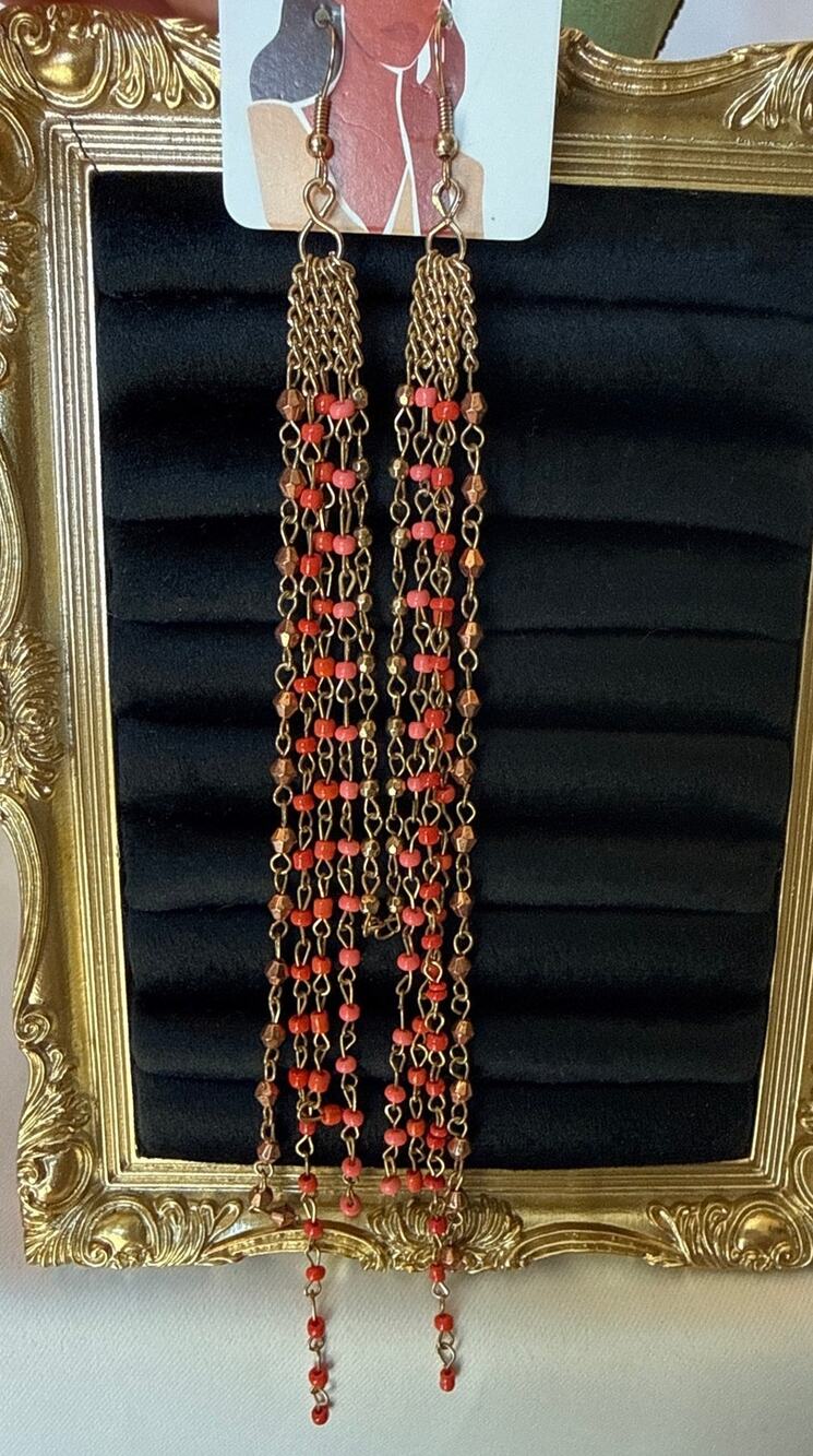 Boho Multi-Strand Tassel Earrings Coral Peach Gold Tone Statement Dangles